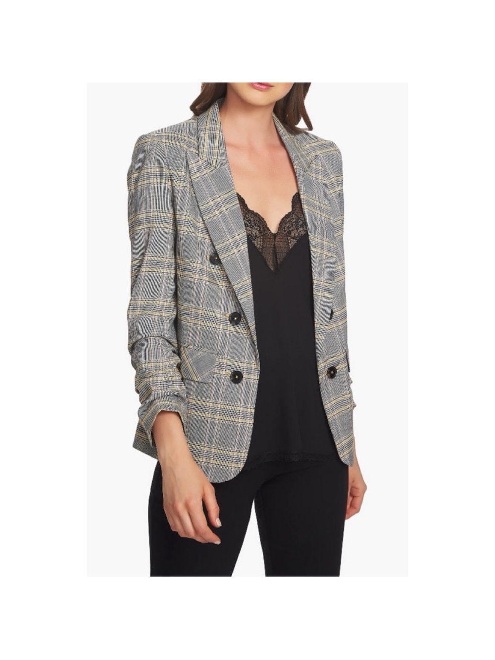 1.STATE Grey Plaid Double-Breasted Blazer with Tan Windowpane